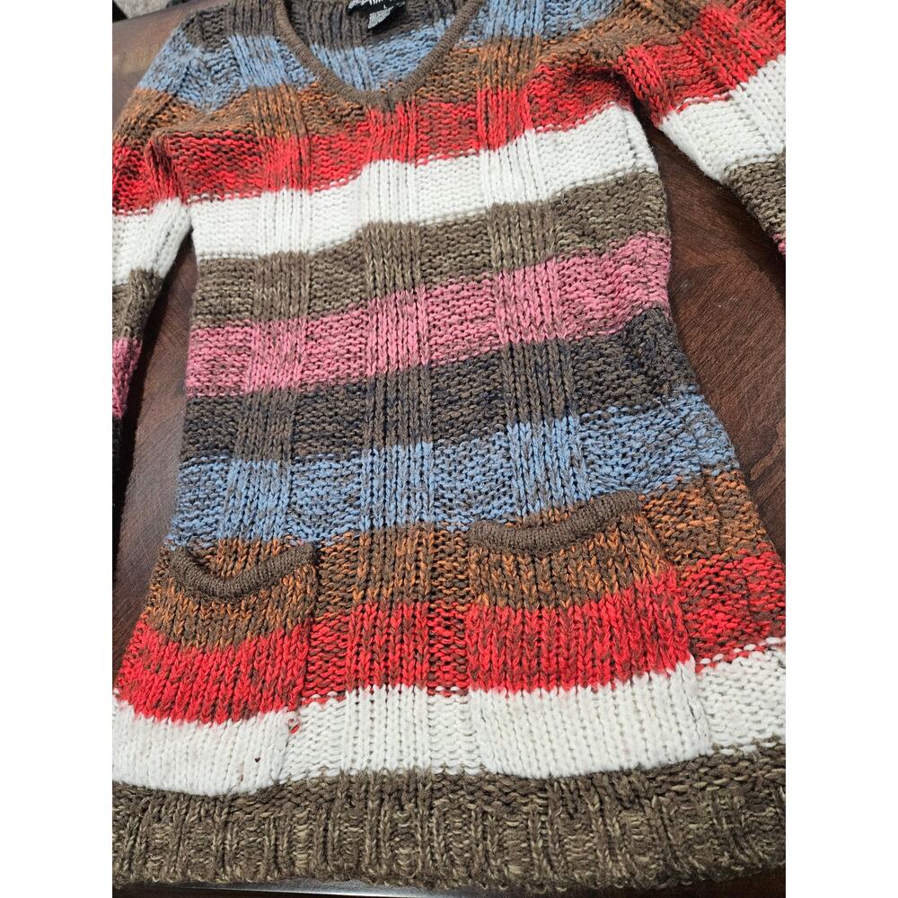 Ashley Y2K Inspired Ribbed Striped Knit Sweater Vintage Neck Skinny Sleeves L - Picture 3 of 7